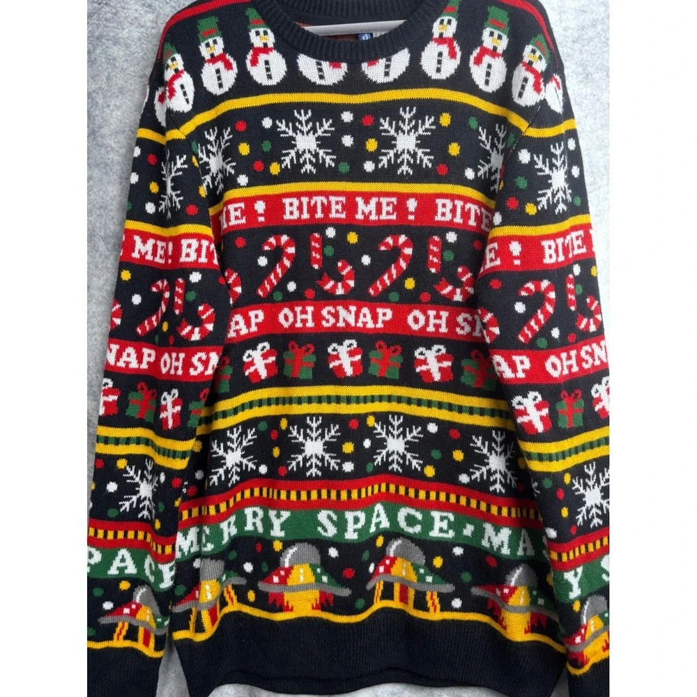 H&M Divided Ugly Christmas Holiday Sweater Bite Me Alien UFO Oh Snap Size Large